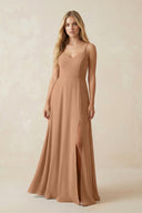 Cami Strap A-Line Chiffon Bridesmaid Dress with Slit in Bronzer - SHE IS ME BRIDESMAID DRESSES