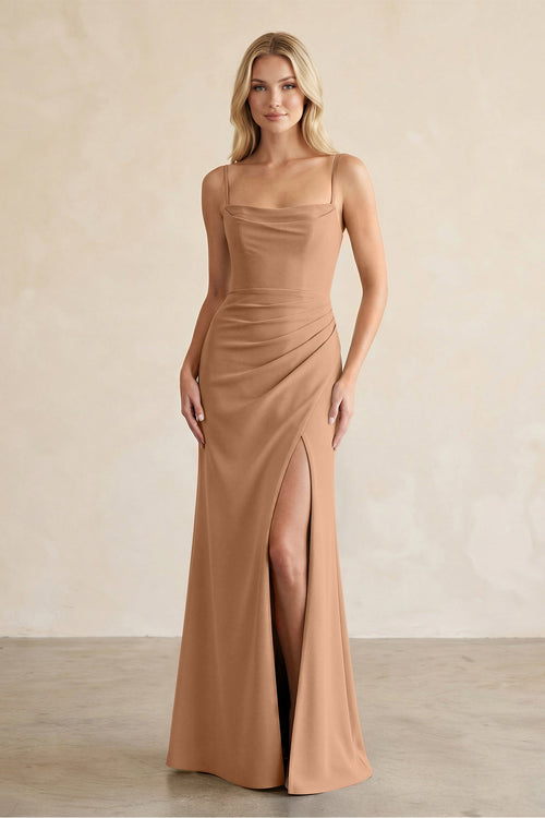 Cami Strap Chiffon Sheath Bridesmaid Dress with Slit in Bronzer - SHE IS ME BRIDESMAID DRESSES