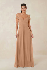 A-Line Off-the-Shoulder Chiffon Bridesmaid Dress in Bronzer - KISS BRIDAL BRIDESMAID DRESSES