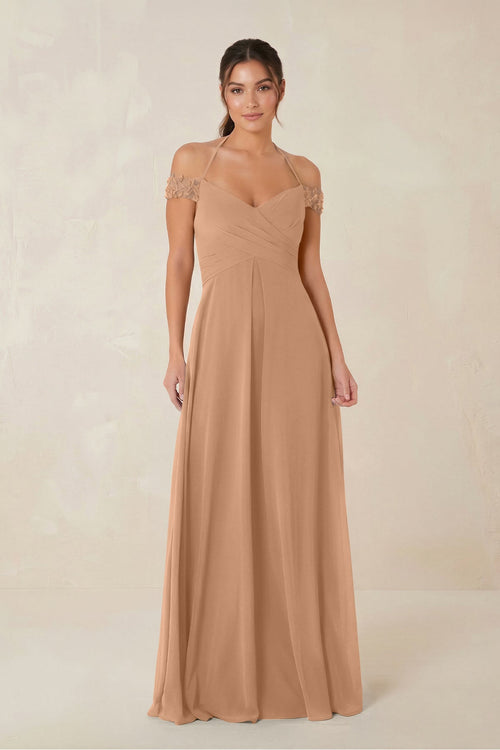 A-Line Off-the-Shoulder Chiffon Bridesmaid Dress in Bronzer - KISS BRIDAL BRIDESMAID DRESSES