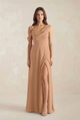 One-Shoulder Chiffon A-Line Bridesmaid Dress in Bronzer - KISS BRIDAL BRIDESMAID DRESSES
