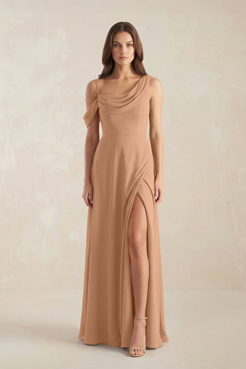 One-Shoulder Chiffon A-Line Bridesmaid Dress in Bronzer - SHE IS ME BRIDESMAID DRESSES