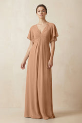 Short Sleeve V-Neck Chiffon A-Line Bridesmaid Dress in Bronzer - KISS BRIDAL BRIDESMAID DRESSES