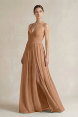 A-Line Spaghetti Strap Chiffon Bridesmaid Dress in Bronzer - KISS BRIDAL BRIDESMAID DRESSES