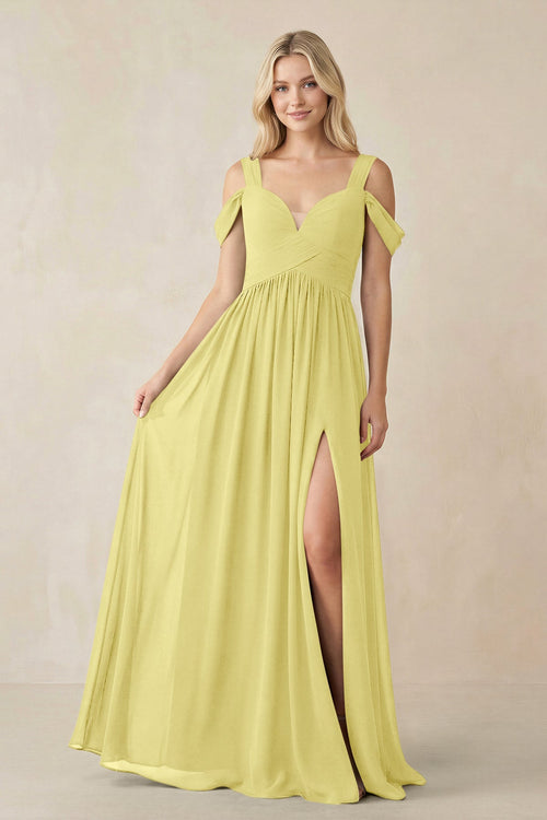 Chiffon A-Line Bridesmaid Dress with Slit  in Buttercup - SHE IS ME BRIDESMAID DRESSES
