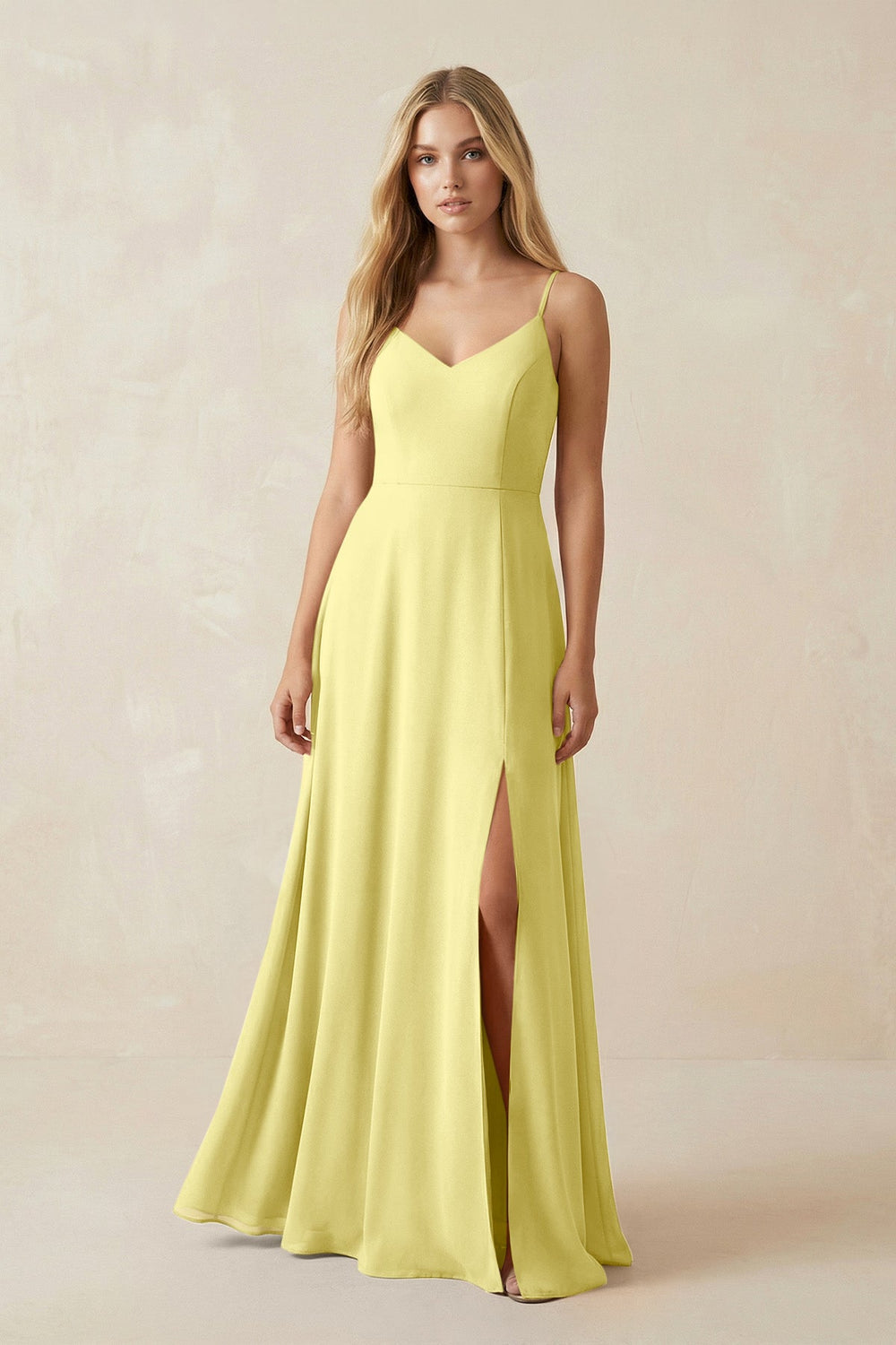 Cami Strap A-Line Chiffon Bridesmaid Dress with Slit in Buttercup - KISS BRIDAL BRIDESMAID DRESSES