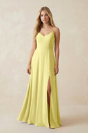 Cami Strap A-Line Chiffon Bridesmaid Dress with Slit in Buttercup - SHE IS ME BRIDESMAID DRESSES