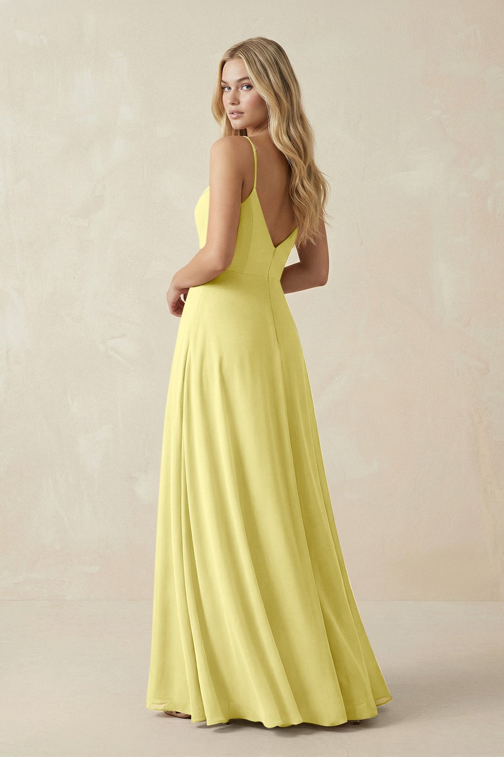 Cami Strap A-Line Chiffon Bridesmaid Dress with Slit in Buttercup - KISS BRIDAL BRIDESMAID DRESSES