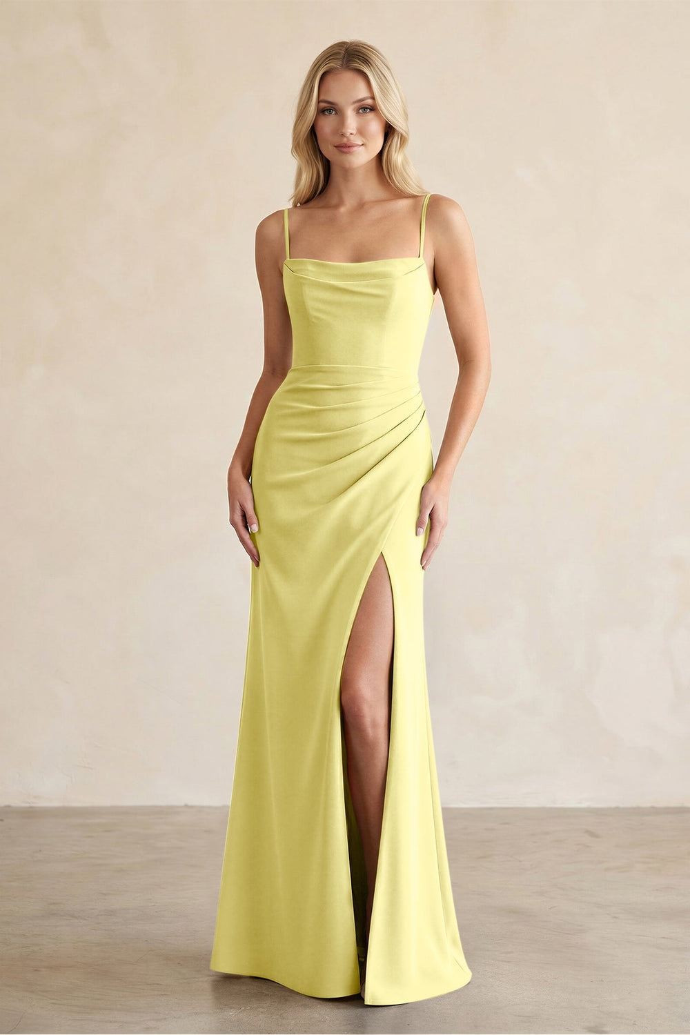 Cami Strap Chiffon Sheath Bridesmaid Dress with Slit in Buttercup - KISS BRIDAL BRIDESMAID DRESSES