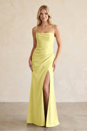 Cami Strap Chiffon Sheath Bridesmaid Dress with Slit in Buttercup - SHE IS ME BRIDESMAID DRESSES