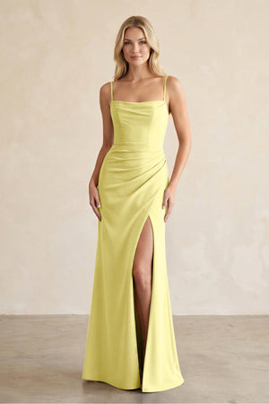 Cami Strap Chiffon Sheath Bridesmaid Dress with Slit in Buttercup - SHE IS ME BRIDESMAID DRESSES