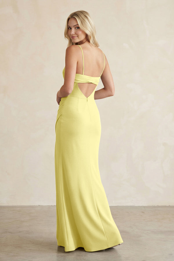 Cami Strap Chiffon Sheath Bridesmaid Dress with Slit in Buttercup - SHE IS ME BRIDESMAID DRESSES