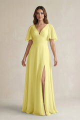 Flutter Sleeve V-Neck A-Line Chiffon Bridesmaid Dress in Buttercup