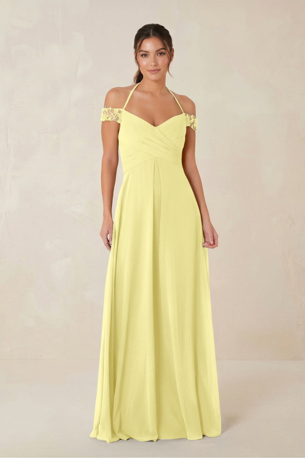 A-Line Off-the-Shoulder Chiffon Bridesmaid Dress in Buttercup - KISS BRIDAL BRIDESMAID DRESSES