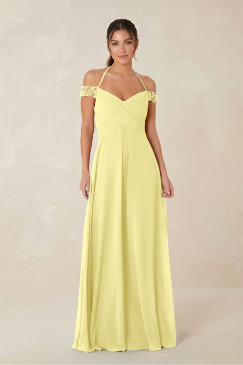 A-Line Off-the-Shoulder Chiffon Bridesmaid Dress in Buttercup - KISS BRIDAL BRIDESMAID DRESSES
