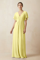Short Sleeve V-Neck Chiffon A-Line Bridesmaid Dress in Buttercup - KISS BRIDAL BRIDESMAID DRESSES