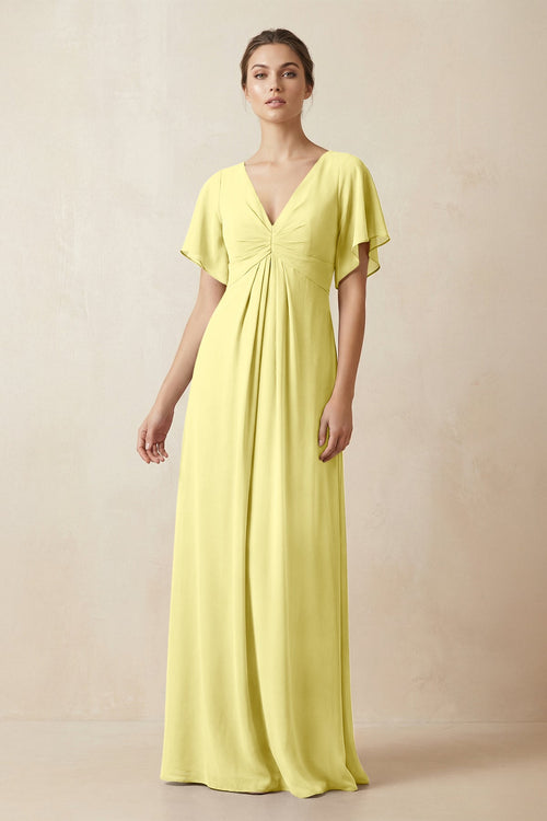 Short Sleeve V-Neck Chiffon A-Line Bridesmaid Dress in Buttercup - SHE IS ME BRIDESMAID DRESSES