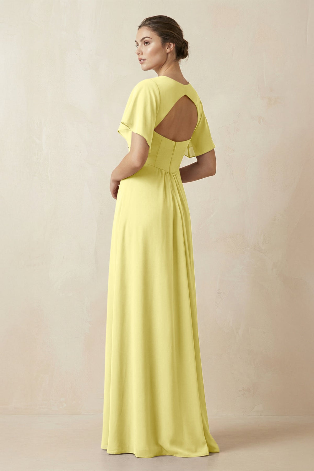 Short Sleeve V-Neck Chiffon A-Line Bridesmaid Dress in Buttercup - KISS BRIDAL BRIDESMAID DRESSES