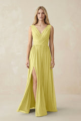 V-Neck Chiffon Pleated A-Line Bridesmaid Dress in Buttercup - KISS BRIDAL BRIDESMAID DRESSES