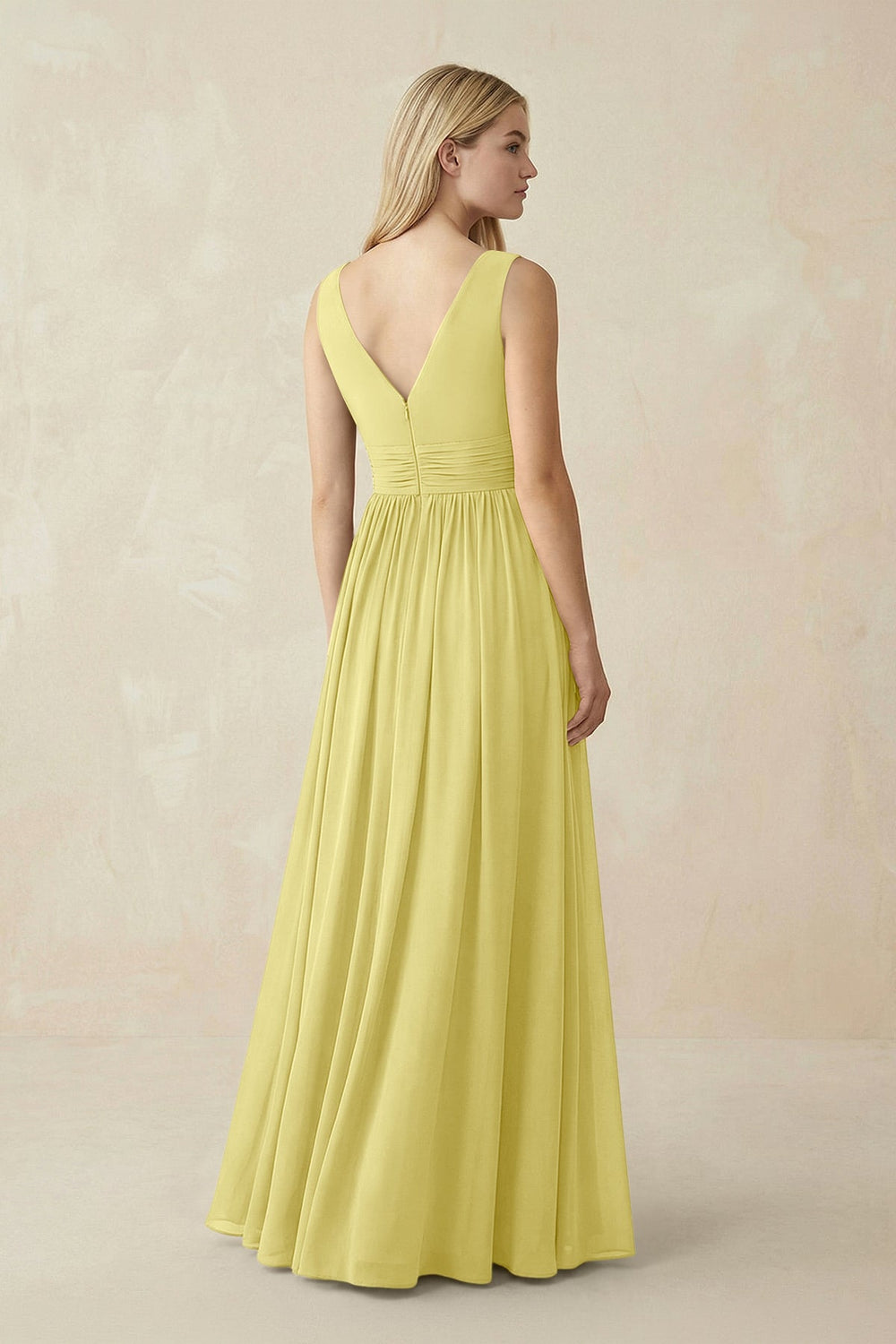 V-Neck Chiffon Pleated A-Line Bridesmaid Dress in Buttercup - KISS BRIDAL BRIDESMAID DRESSES