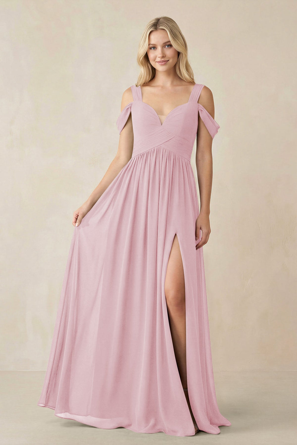 Chiffon A-Line Bridesmaid Dress with Slit  in Candy Pink - KISS BRIDAL BRIDESMAID DRESSES