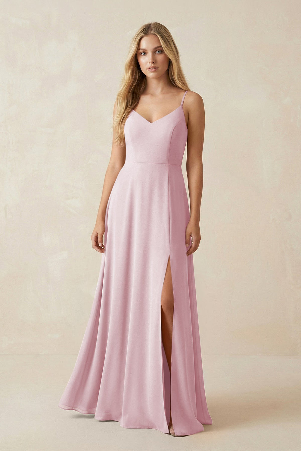Cami Strap A-Line Chiffon Bridesmaid Dress with Slit in Candy Pink - KISS BRIDAL BRIDESMAID DRESSES