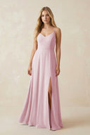 Cami Strap A-Line Chiffon Bridesmaid Dress with Slit in Candy Pink - SHE IS ME BRIDESMAID DRESSES