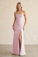 Cami Strap Chiffon Sheath Bridesmaid Dress with Slit in Candy Pink - SHE IS ME BRIDESMAID DRESSES