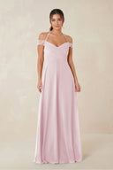 A-Line Off-the-Shoulder Chiffon Bridesmaid Dress in Candy Pink - KISS BRIDAL BRIDESMAID DRESSES