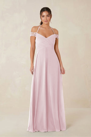 A-Line Off-the-Shoulder Chiffon Bridesmaid Dress in Candy Pink - KISS BRIDAL BRIDESMAID DRESSES
