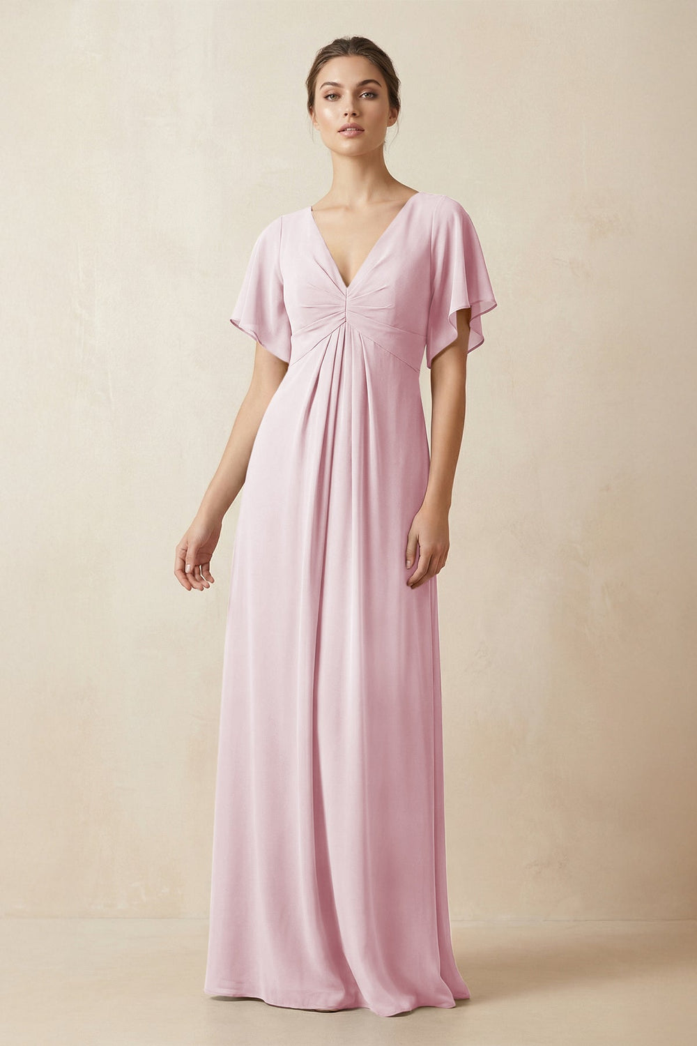 Short Sleeve V-Neck Chiffon A-Line Bridesmaid Dress in Candy Pink - KISS BRIDAL BRIDESMAID DRESSES