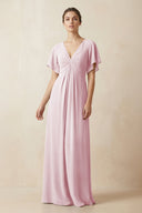 Short Sleeve V-Neck Chiffon A-Line Bridesmaid Dress in Candy Pink - SHE IS ME BRIDESMAID DRESSES