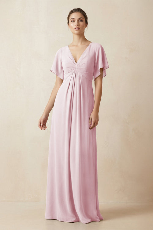Short Sleeve V-Neck Chiffon A-Line Bridesmaid Dress in Candy Pink - SHE IS ME BRIDESMAID DRESSES