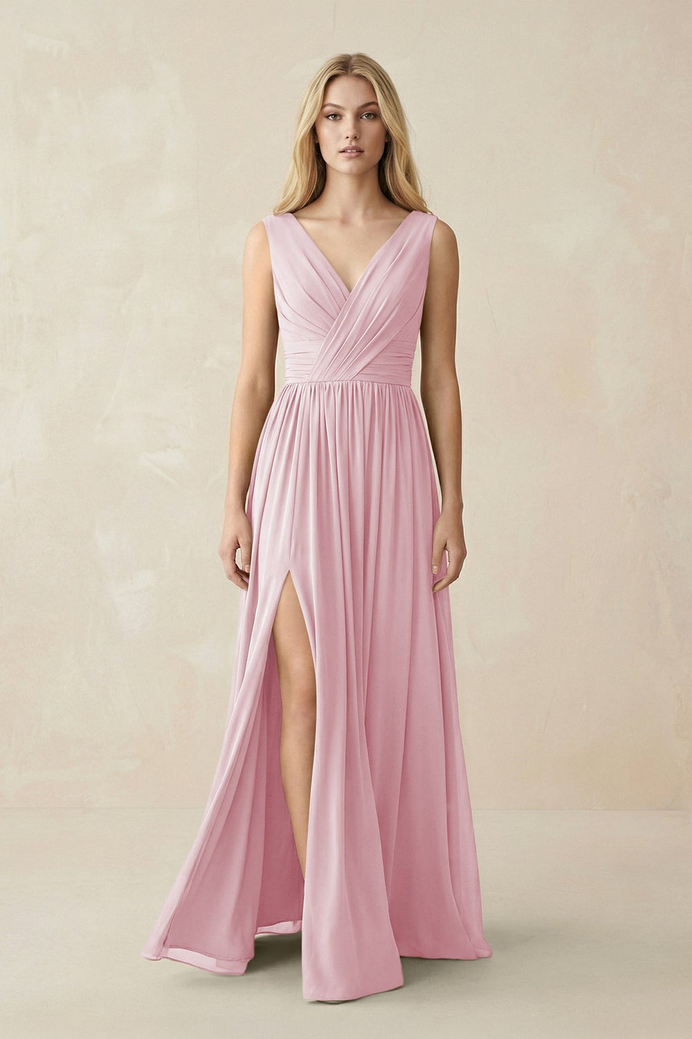 V-Neck Chiffon Pleated A-Line Bridesmaid Dress in Candy Pink - KISS BRIDAL BRIDESMAID DRESSES