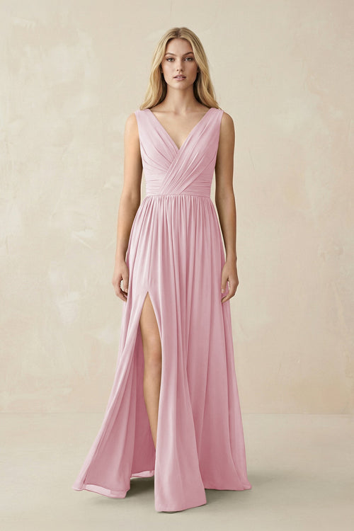 V-Neck Chiffon Pleated A-Line Bridesmaid Dress in Candy Pink - SHE IS ME BRIDESMAID DRESSES