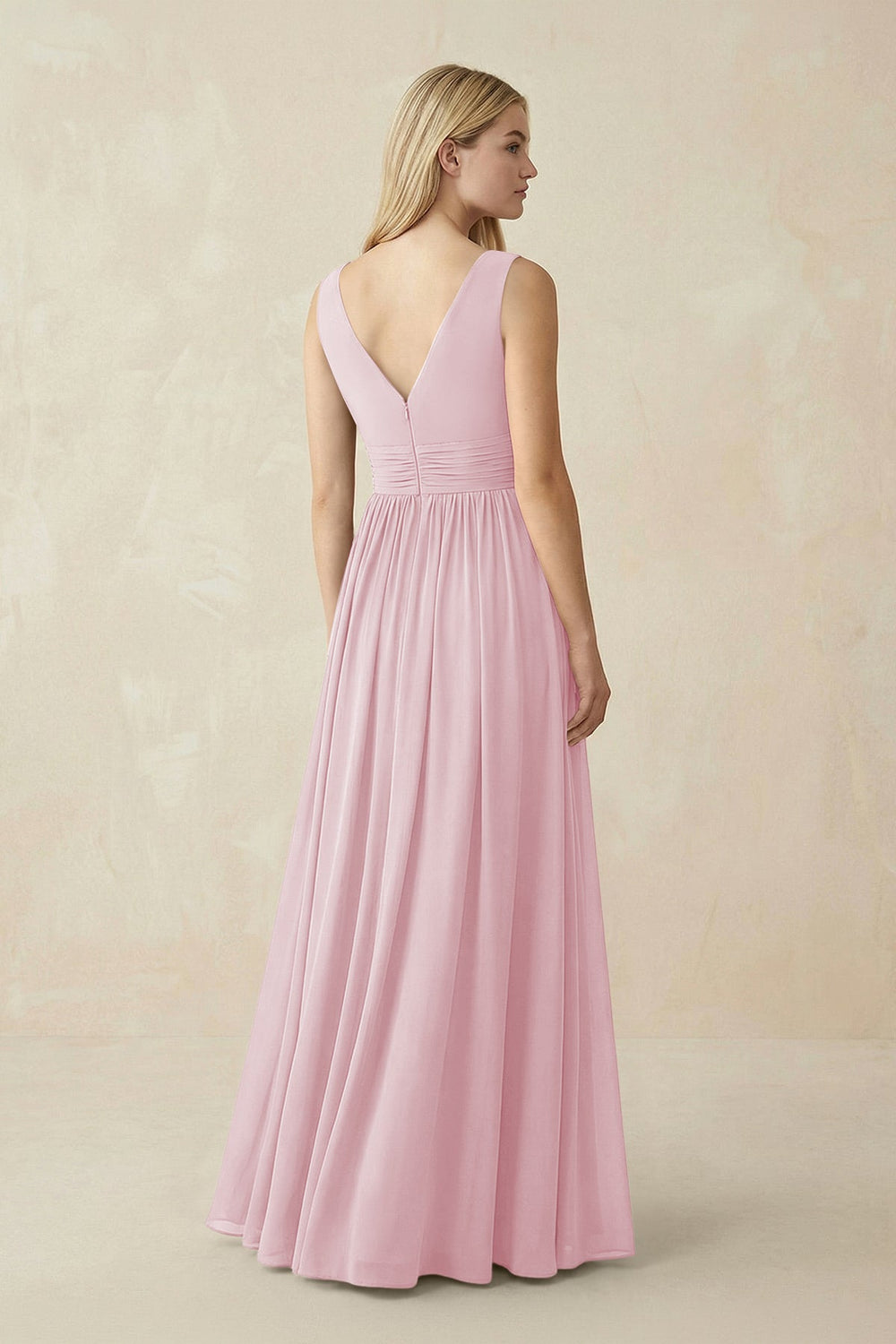 V-Neck Chiffon Pleated A-Line Bridesmaid Dress in Candy Pink - KISS BRIDAL BRIDESMAID DRESSES