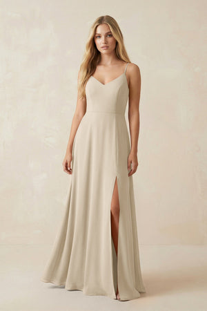 Cami Strap A-Line Chiffon Bridesmaid Dress with Slit in Champagne - SHE IS ME BRIDESMAID DRESSES