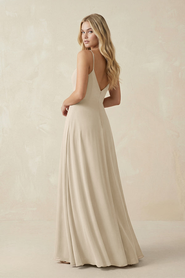 Cami Strap A-Line Chiffon Bridesmaid Dress with Slit in Champagne - SHE IS ME BRIDESMAID DRESSES