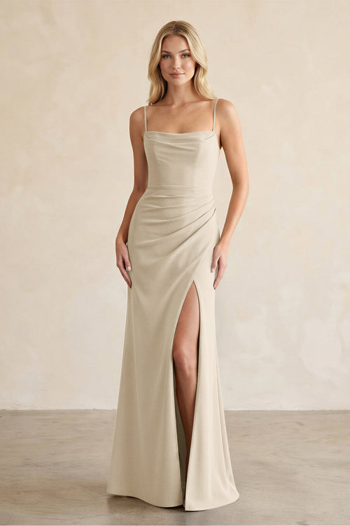 Cami Strap Chiffon Sheath Bridesmaid Dress with Slit in Champagne - SHE IS ME BRIDESMAID DRESSES