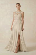 Lace A - Line Bateau Neck Chiffon Long Bridesmaid Dress in Champagne - KISS BRIDAL Bridesmaid Dresses