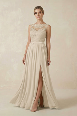Lace A - Line Bateau Neck Chiffon Long Bridesmaid Dress in Champagne - KISS BRIDAL Bridesmaid Dresses