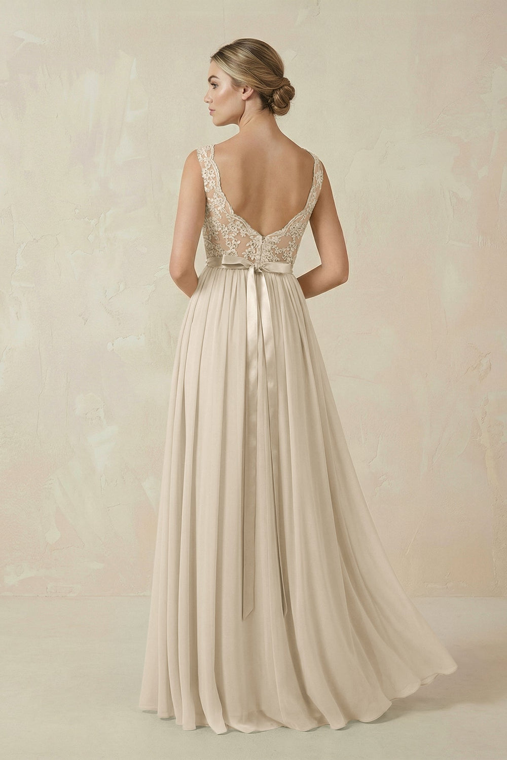 Lace A - Line Bateau Neck Chiffon Long Bridesmaid Dress in Champagne - KISS BRIDAL Bridesmaid Dresses