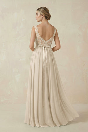 Lace A - Line Bateau Neck Chiffon Long Bridesmaid Dress in Champagne - KISS BRIDAL Bridesmaid Dresses