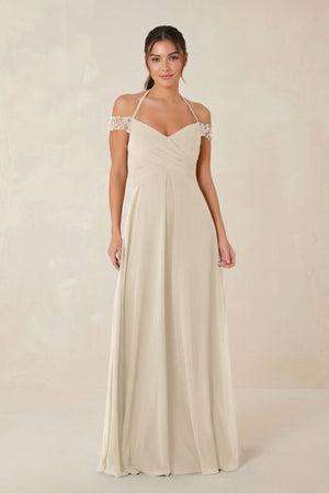 A-Line Off-the-Shoulder Chiffon Bridesmaid Dress in Champagne - KISS BRIDAL BRIDESMAID DRESSES