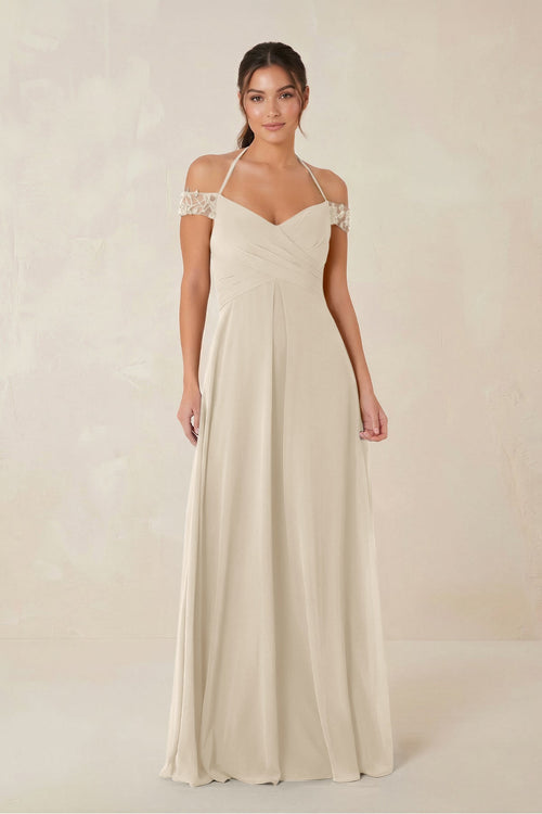 A-Line Off-the-Shoulder Chiffon Bridesmaid Dress in Champagne - KISS BRIDAL BRIDESMAID DRESSES