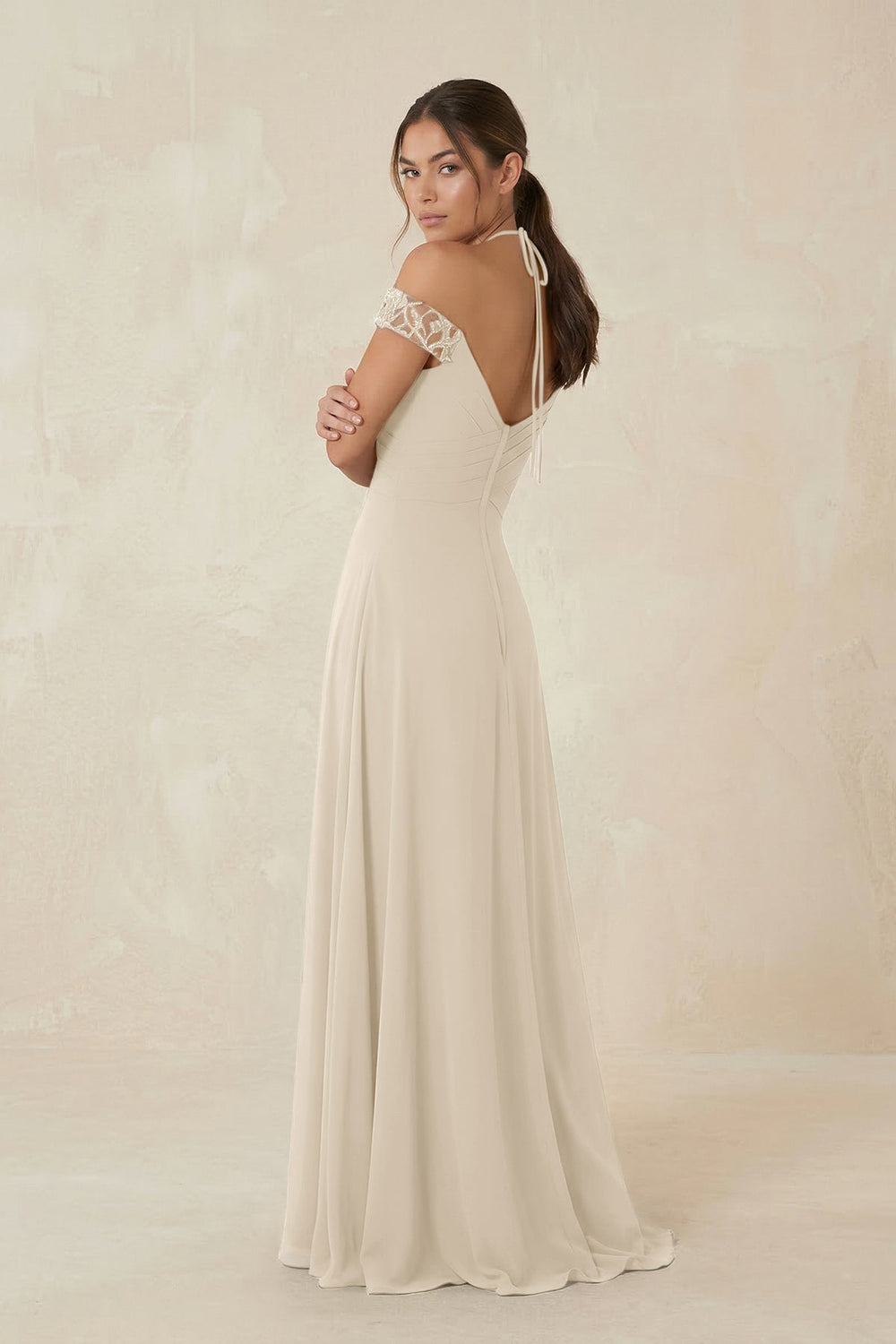 A-Line Off-the-Shoulder Chiffon Bridesmaid Dress in Champagne - KISS BRIDAL BRIDESMAID DRESSES