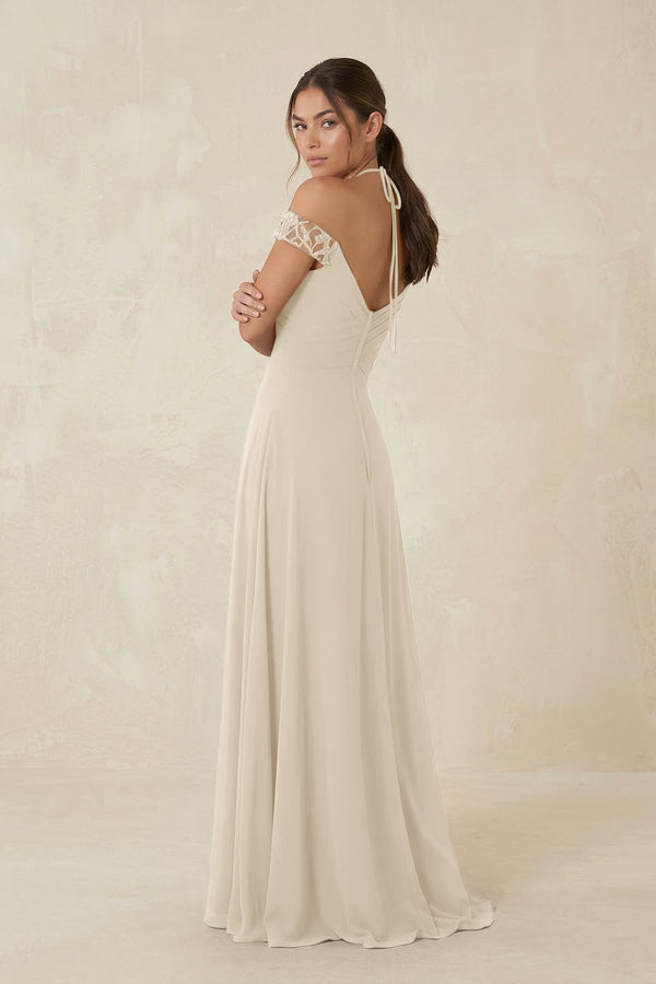 A-Line Off-the-Shoulder Chiffon Bridesmaid Dress in Champagne - KISS BRIDAL BRIDESMAID DRESSES