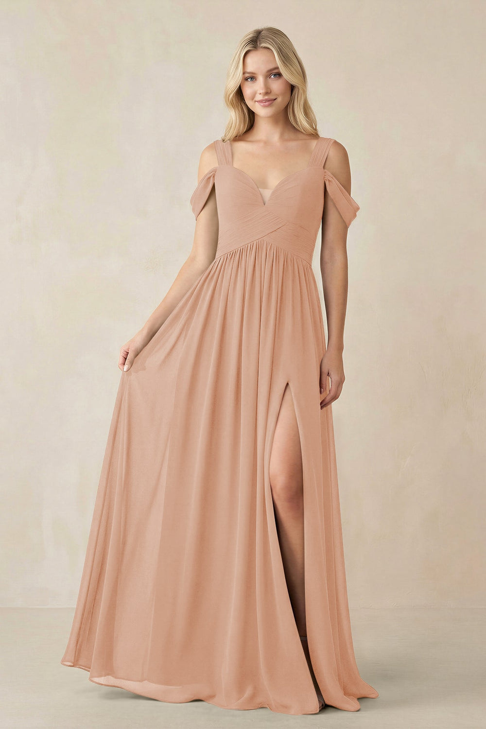 Chiffon A-Line Bridesmaid Dress with Slit  in Champagne Rose - KISS BRIDAL BRIDESMAID DRESSES