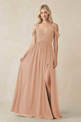 Chiffon A-Line Bridesmaid Dress with Slit  in Champagne Rose - KISS BRIDAL BRIDESMAID DRESSES
