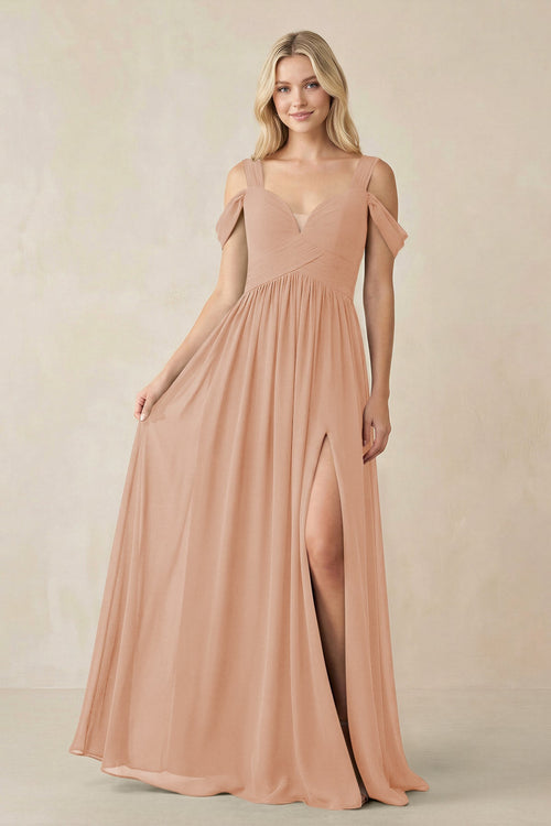 Chiffon A-Line Bridesmaid Dress with Slit  in Champagne Rose - SHE IS ME BRIDESMAID DRESSES